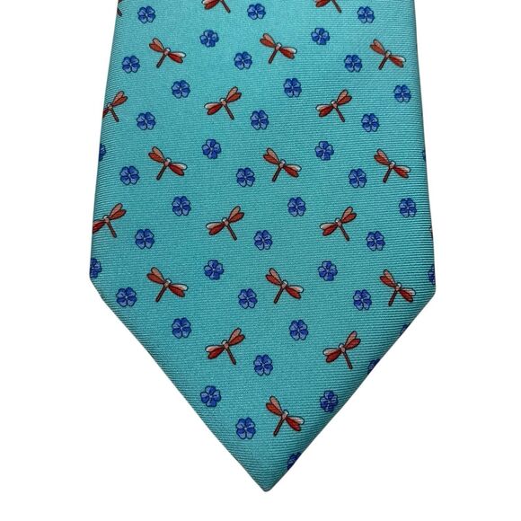 Brooks Brothers Makers Tie Men's Necktie Silk Dragonflies Flowers Turquoise Long - Picture 3 of 6